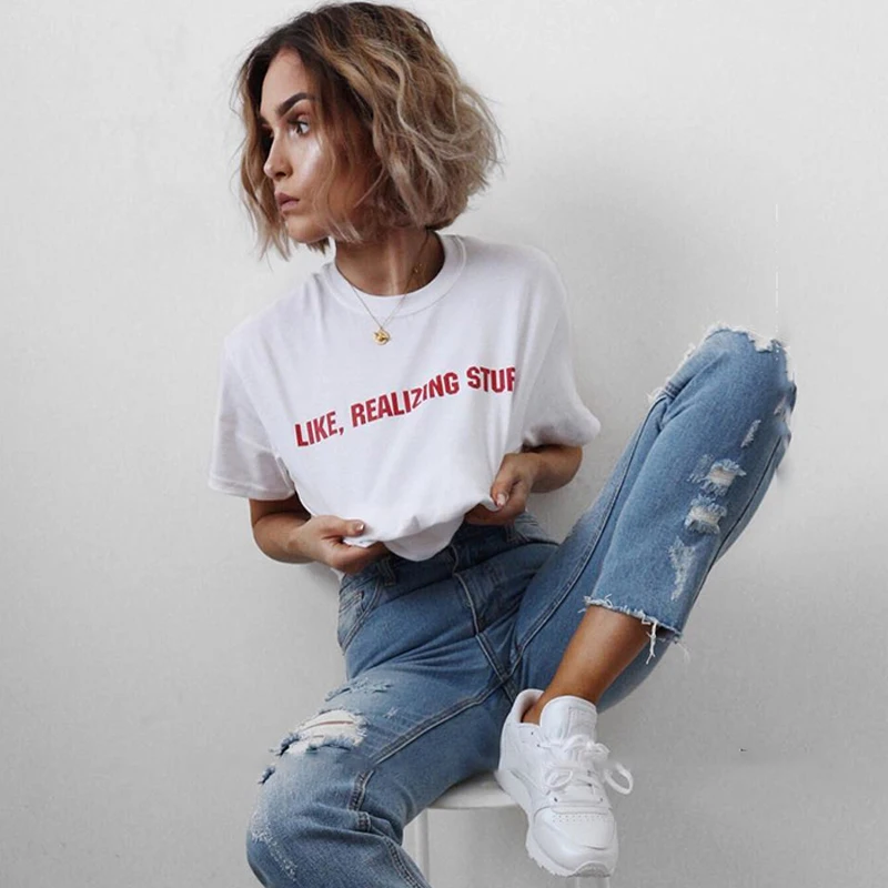 Like Realizing Stuff Womens Slogan T Shirts Streetwear Casual Letters Print Tshirts Feminist Tees Female Basic Cotton T-Shirt | Женская