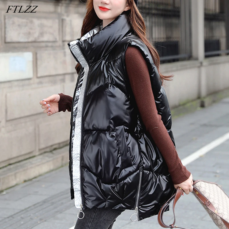 

FTLZZ New Autumn Women Silver Stand Collar Padded Vest Streetwear Female Slim Warm Sleeveless Cotton Outwear Ladies Waistcoat