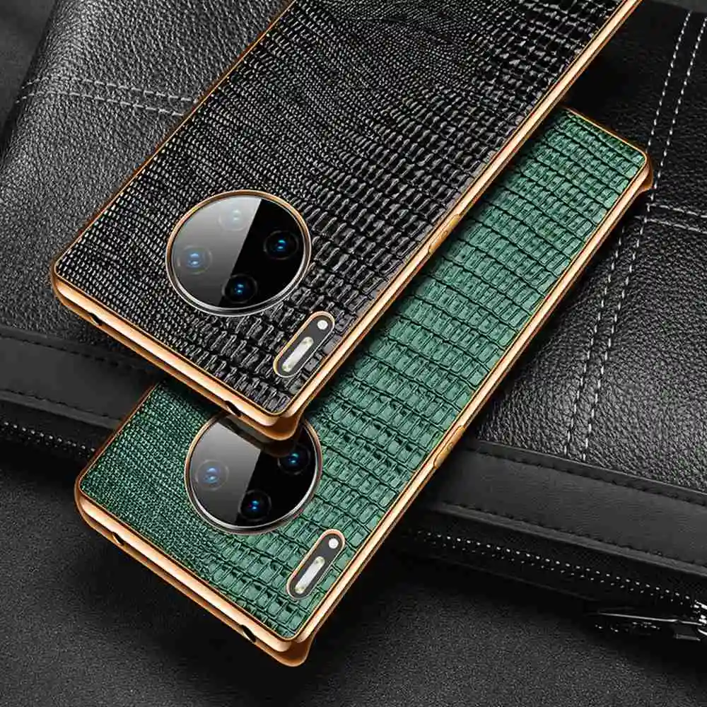 

Genuine Leather Case For Huawei Mate 30 40 Pro Plus RS Mate40 Mate30 40Pro 30Pro Case Luxury Plating Golden Frame Back Cover