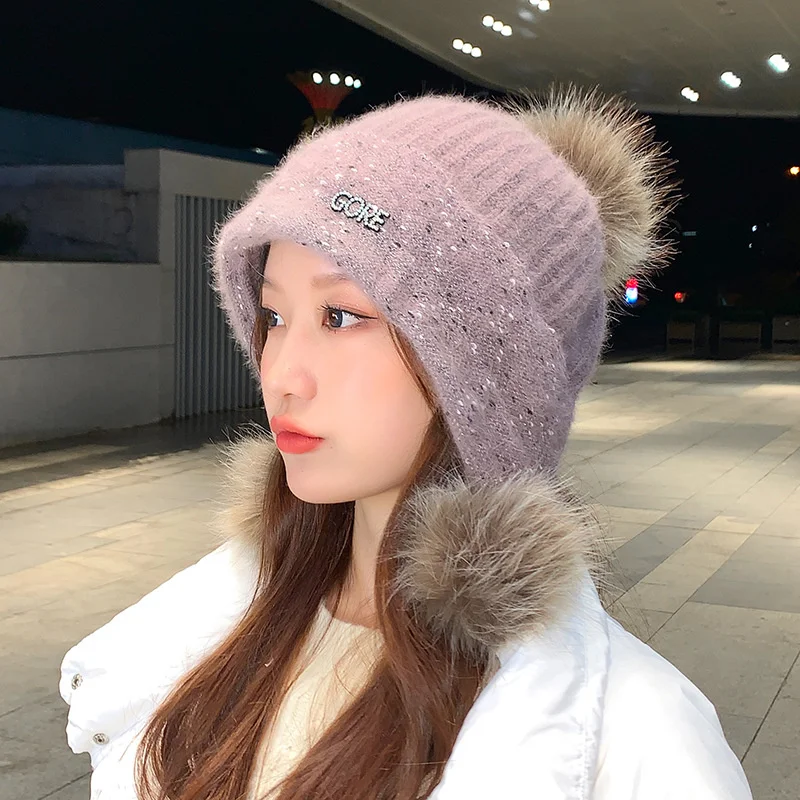 

Winter New Knitted Hats for Women Thickened Warm Rabbit Fur Hat Cute Fur Ball Cap Solid Color Woolen Dome Caps
