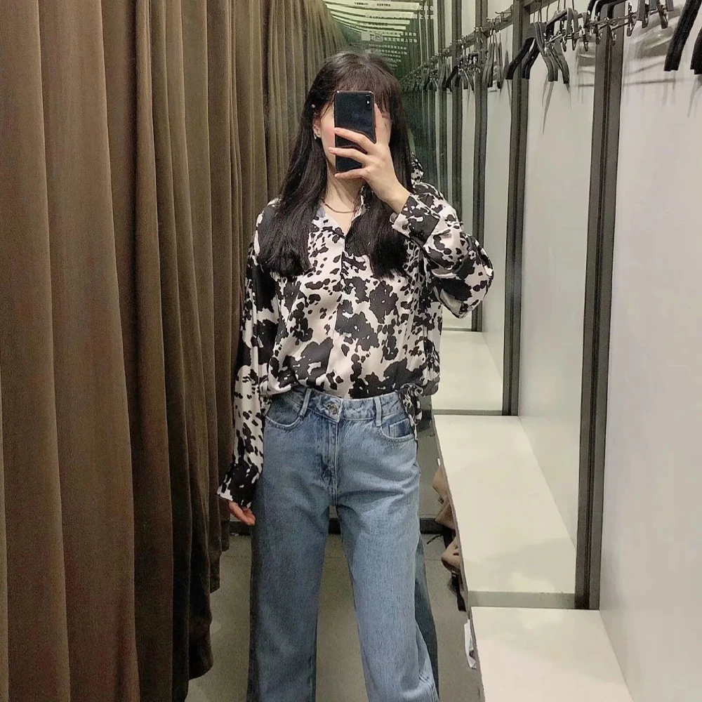 

2021 New Women Printed Blouse Shirts Long Sleeves Casual High Fashion Chic Lady Woman Blouse Tops