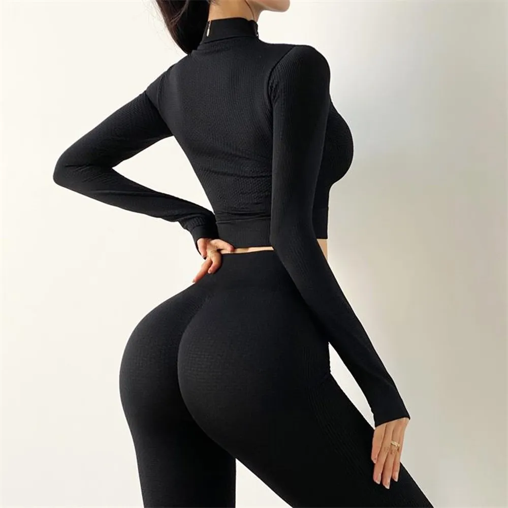 

2Pc Long Sleeve Workout Set Women Zipper Short Yoga Clothes Sexy Activewear Suit Fitness Gym Clothing Running Outfit Sport Set