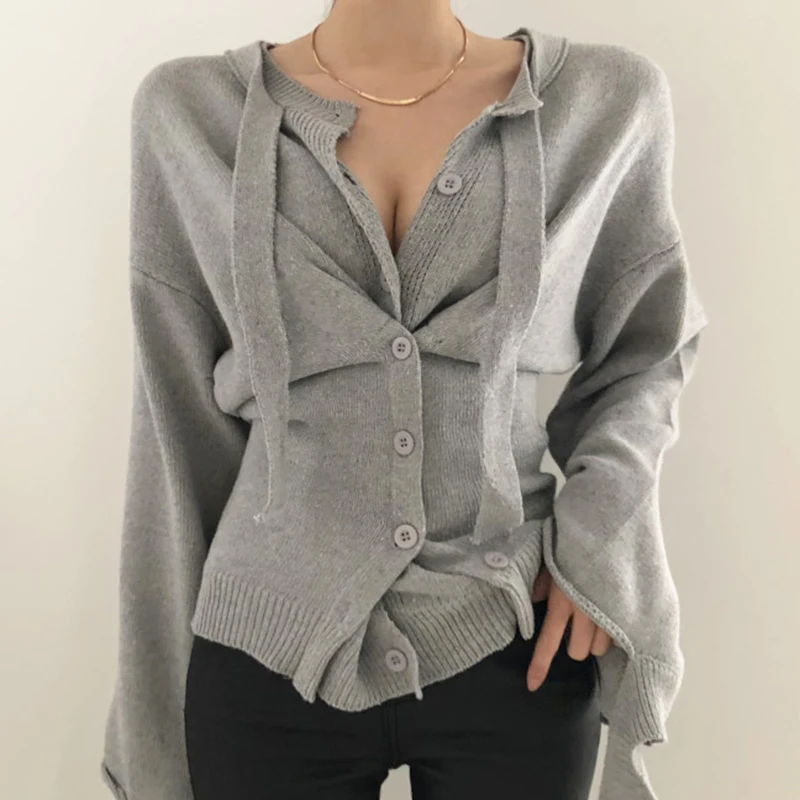 

Korean Chic Autumn Retro Niche Collection Waist Irregular Design Single-Breasted Long-Sleeved Knit Sweater Sweater Women