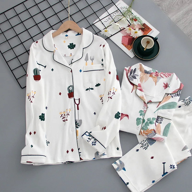 

Fdfklak New Autumn Pajamas For Women Knitted Cotton Print Pajama Set Homewear Pijama Mujer Long Sleeve Female Sleepwear