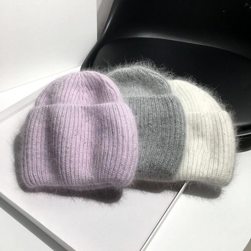 

luxury brand Fashion Fur Soft Warm Fluffy Winter Hat for women Angora Knitted Hat skullies beanies Female bonnet woman knit Cap