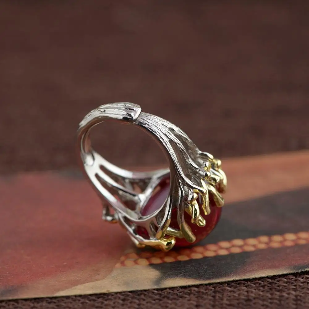 

VINTAGE NEW 100% REAL 925 STERLING SILVER WITH ROUND SYNTHETIC CORUNDUM RED STONE RING ADJUST THAI SILVER JEWELRY FOR MEN