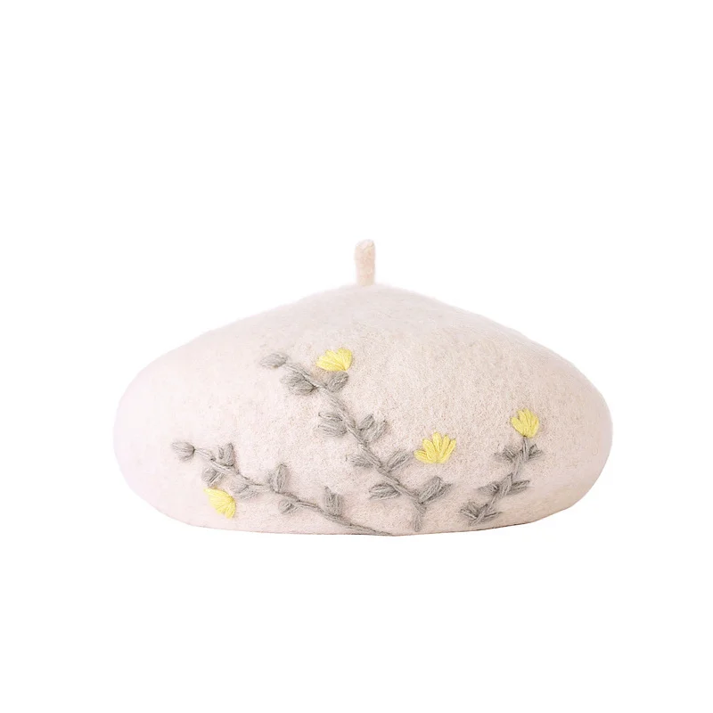 Embroidered Flower Wool Beret Korean Autumn Winter Hats For Women Ladies Painter Cap Vintage Bonnet Beanie Chapeau Femme | Аксессуары