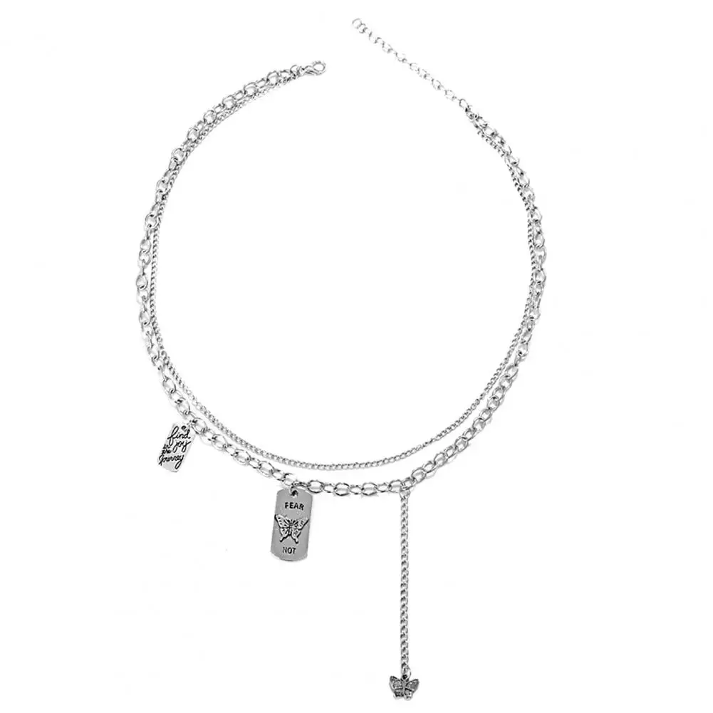 

70% Dropshipping!!Women Necklace Letter Square Butterflies Pendant Alloy Double Layer Punk Choker Necklace for Daily Wear