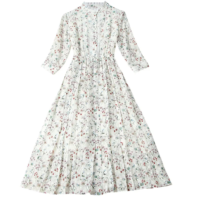 

Women vintage fahsion floral print chiffon dress summer 2021 designer lace trim ruffles elegant a-line midi dresses black white