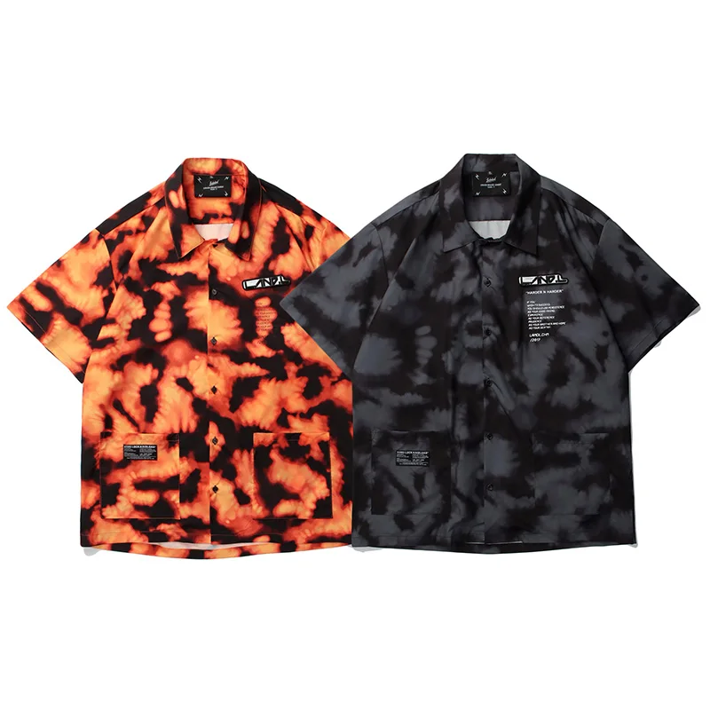 Summer 2021 Mens Tie Dye Print Hawaiian Beach Shirts Harajuku Fashion Short Sleeve Blouse Punk Unisex Shirts Tops Streetwear