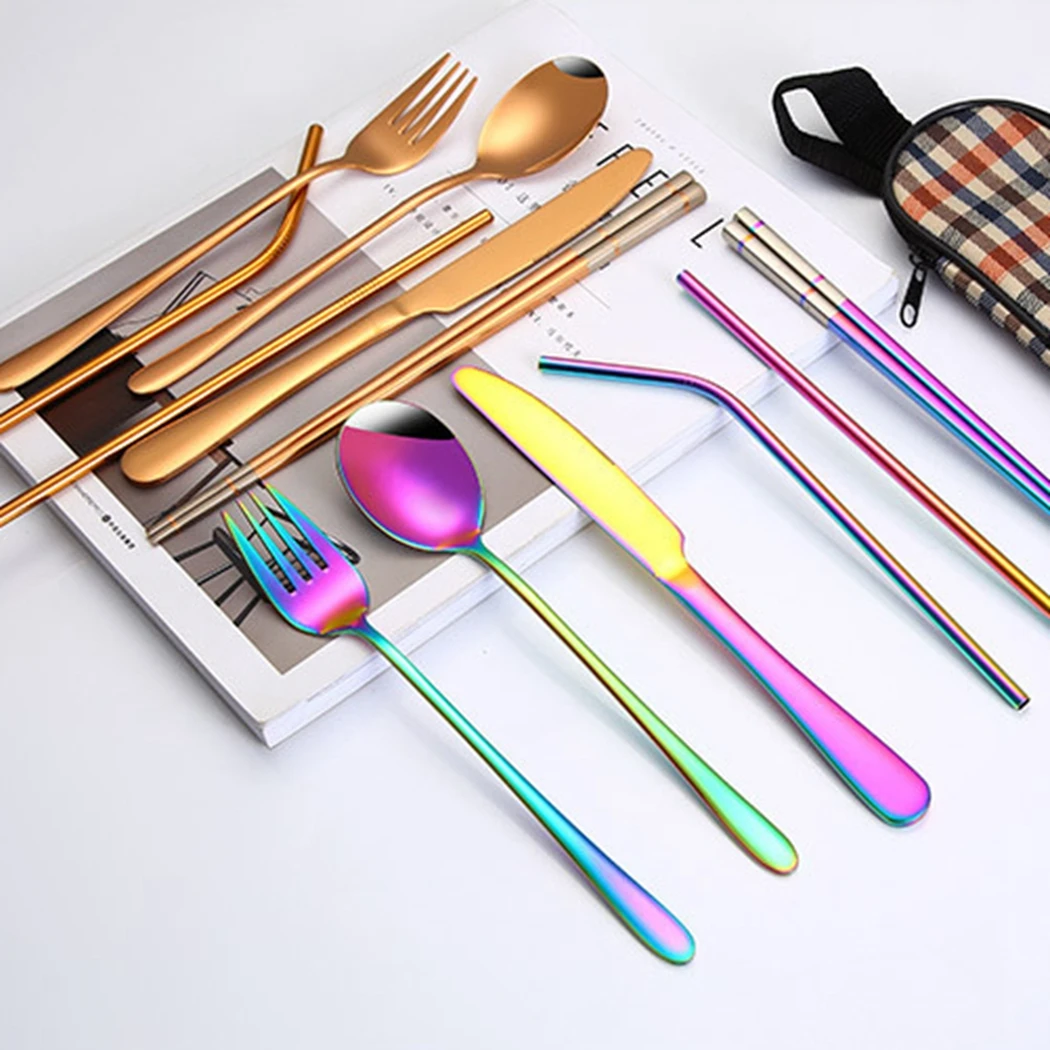 

8PCS Metal Reusable Camping Cutlery Set Stainless Portable Picnic Flatware Set Travel Utensils with Case Metal Reusable