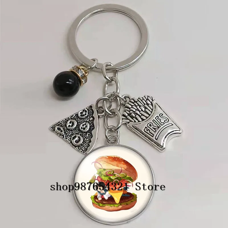 New Pizza French Fries Donut Burger Icon Keychain Glass Cabochon Charm Jewelry | Key Chains