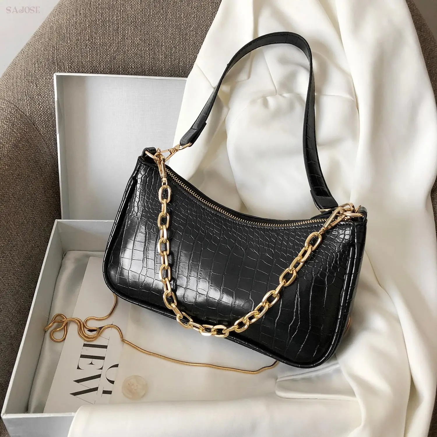 

Hot Sales Designer Underarm Crocodile New 2020 Shoulder Vintage Pu Leather bag Messenger famous brand Crossbody handbags Chain