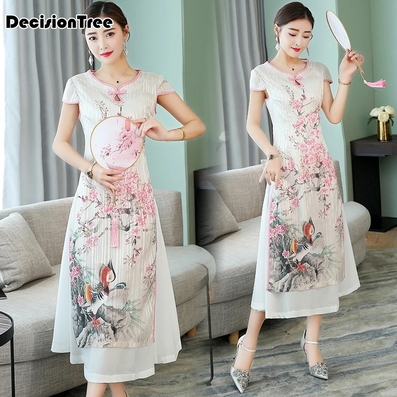 Женский белый Принт aodai вьетнамская традиционная одежда ao dai вьетнамское платье вьетнамские костюмы улучшенное платье чонсам