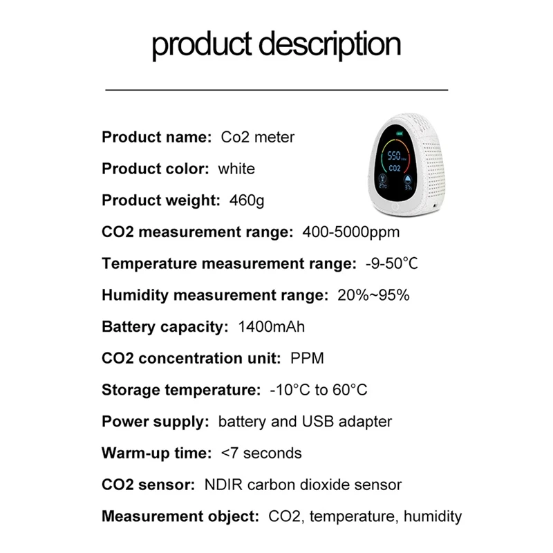 

CO2 Detector Meter Air Analyzer Gas Detector Carbon Dioxide Sensor Co2 Monitor 5000Ppm Temperature Humidity
