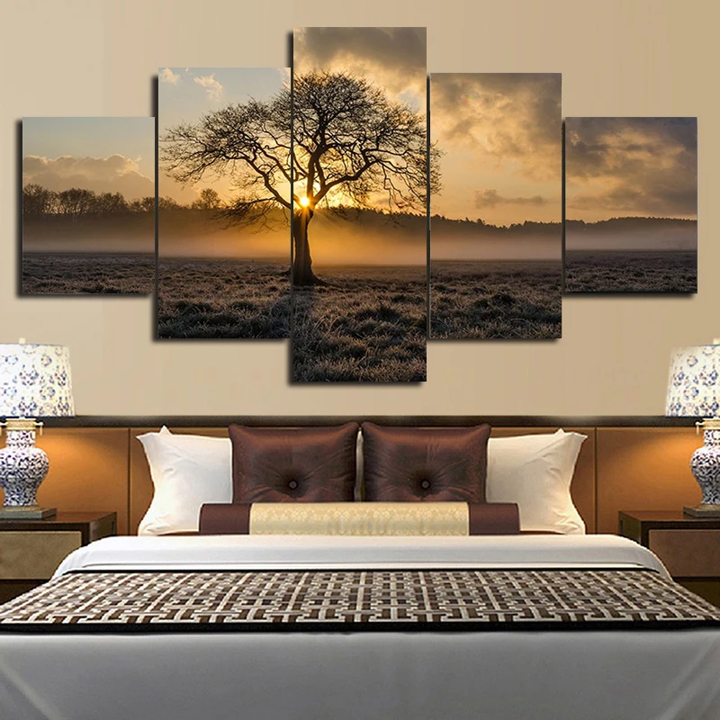 

5 Pieces of Abstract Painting Retro Wall Art Frame HD Picture Poster Sunrise Tree Landscape Photo Living Room Home Decoration
