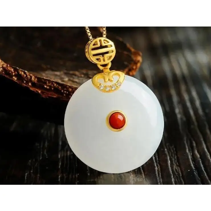

S925 Sterling Silver Natural Hetian Jade Safety Buckle Pendant Contrast Color Warm White Jade Jade Pendant Retro Women's Necklac
