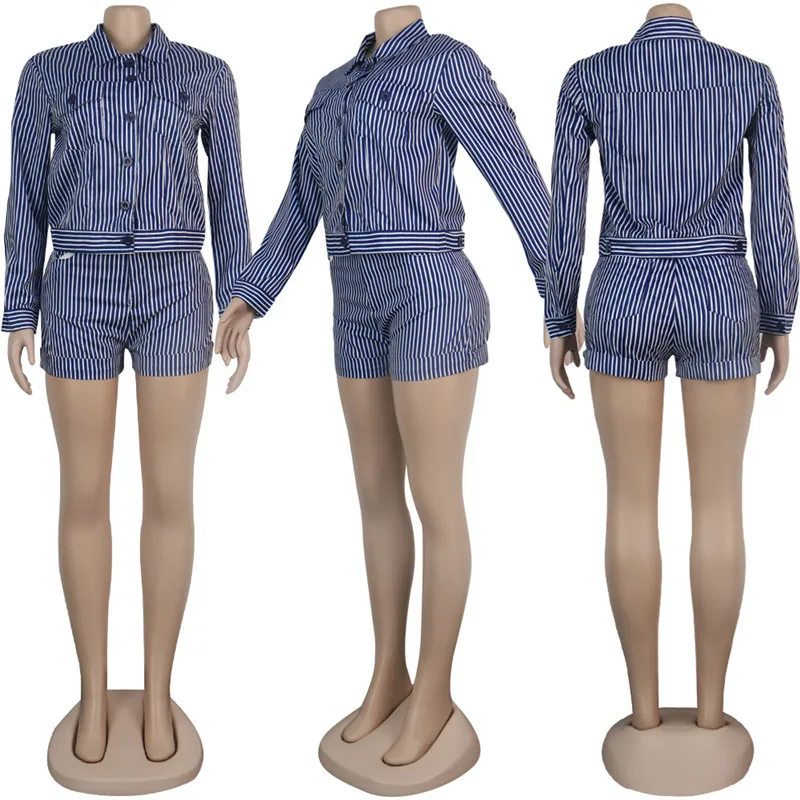 

Women's Tracksuit Two Piece Set Summer Clothes Striped Single Breasted Jacket Top And Shorts Leisure Suits Fashion Female Outfit