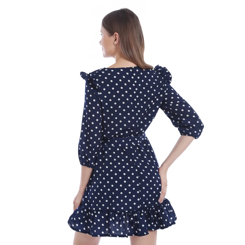 

Ruffle Trim Sashes Women Summer Dress Fashion Round Neck Dot Print Casual Dress Girls Sweet Cute A Line Mini Dresses