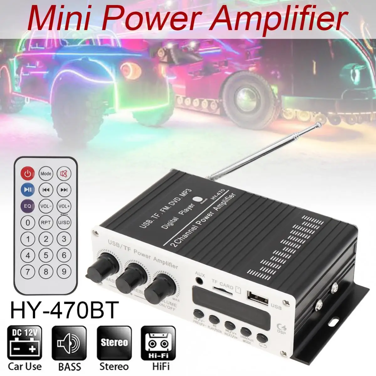 Bluetooth High Power Amplifier 2 Channel Remote Control HIFI Sound Amplifier Car Audio SD USB MP3 AUX FM Radio Digital Player