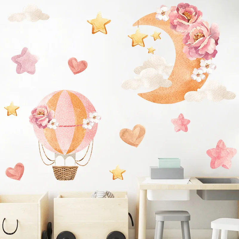 

3D flower moon wall sticker for girls room removable cartoon air balloon wall sticker living room wall decoration