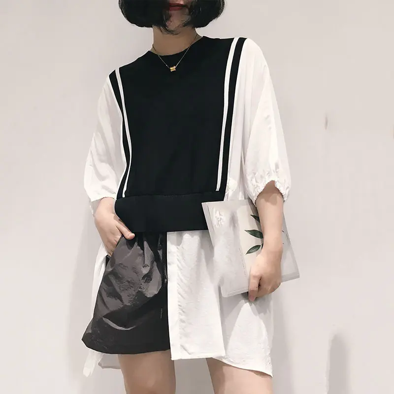 

XITAO Patchwork Bandage Chiffon Shirt 2021 Summer New Light and Thin Simplicity O-neck Batwing Sleeve Women Shirt LDD2015