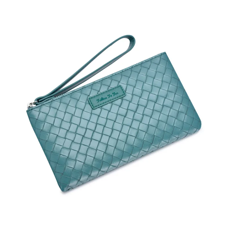 

New Leather Women's Zipper Handbag Ultra Thin Large Capacity Woven Wallet Ladies Mobile Phone Card Bag Portable Wrist Clutch Bag