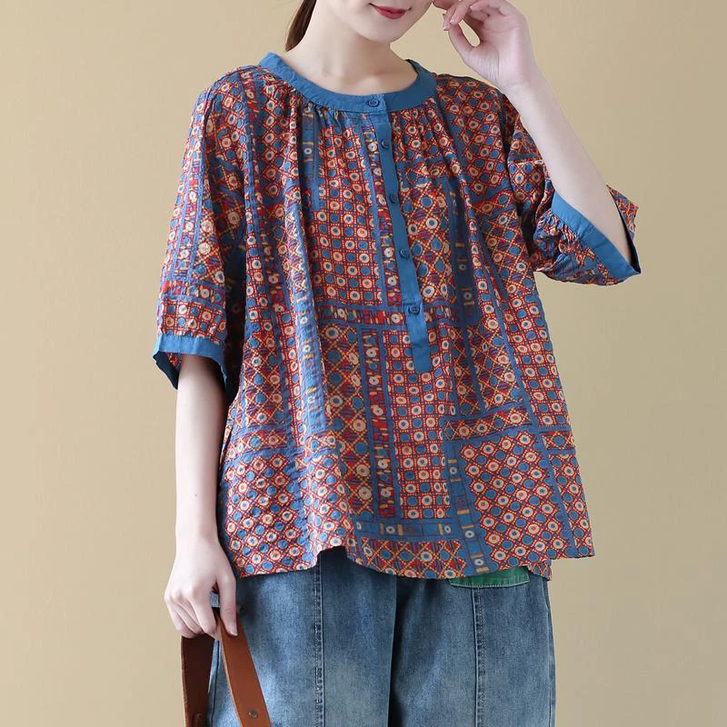 Женская Свободная блузка с принтом повседневная льняная круглым вырезом и