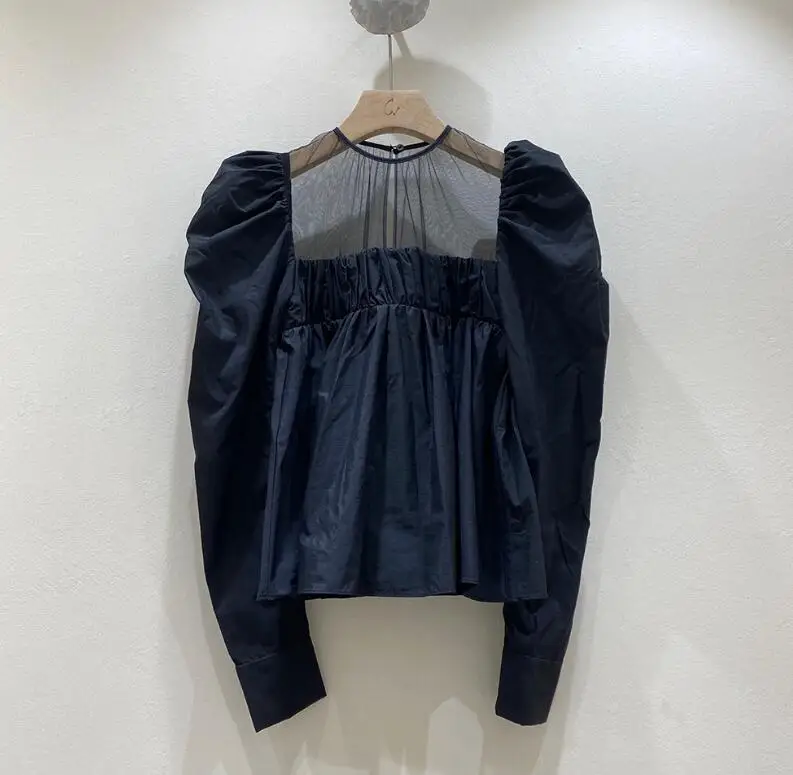 

Black Long-sleeved Mesh Stitching Top Loose Baby Shirt Women 2021 European and American Women's New Autumn
