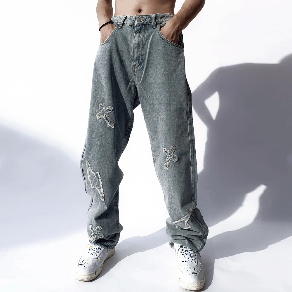 2021 Chic Cross Embroidery Retro Wash Men Straight Jeans Pants Distressed Hip Hop Baggy Casual Denim Trousers Pantalones Hombre
