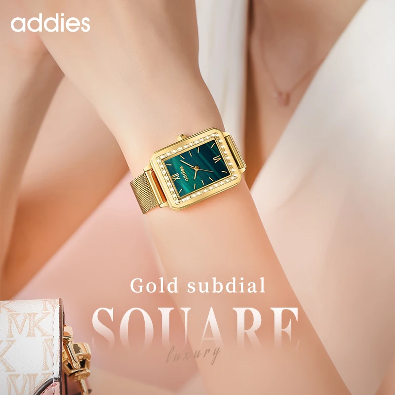 ADDIES Brand Women Watches Fashion Square Ladies Quartz Watch Stainless steel Green Simple Rose Gold Mesh Luxury Women atches