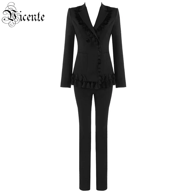 Женский костюм из двух предметов VC черный с отложным воротником и бахромой