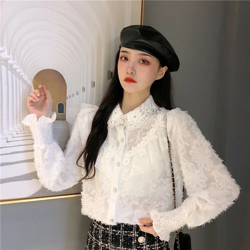 

Lucyever Fashion Pearl Buckle Blouses Womens New Turn Down Collar Lace Patchwork Shirts Woman 2020 Autumn Flare Sleeve Shirt