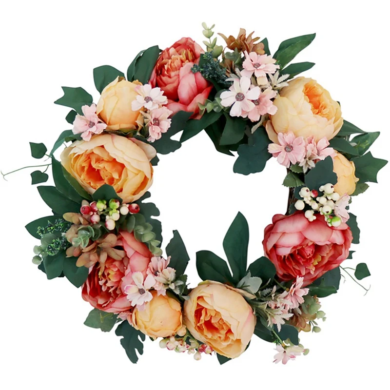 

Искусственный венок пиона, цветочный венок ручной работы с маргаритками и зелеными листьями для входной двери, свадебная настенная вечерин...