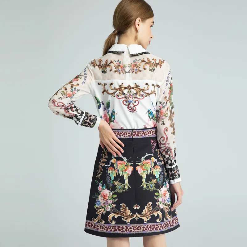 

High Quality Catwalk Fashion Spring Women 2 Piece Outfits Elegant Lady Office Party Vintage Suit Beading Print Top and Skirt Set