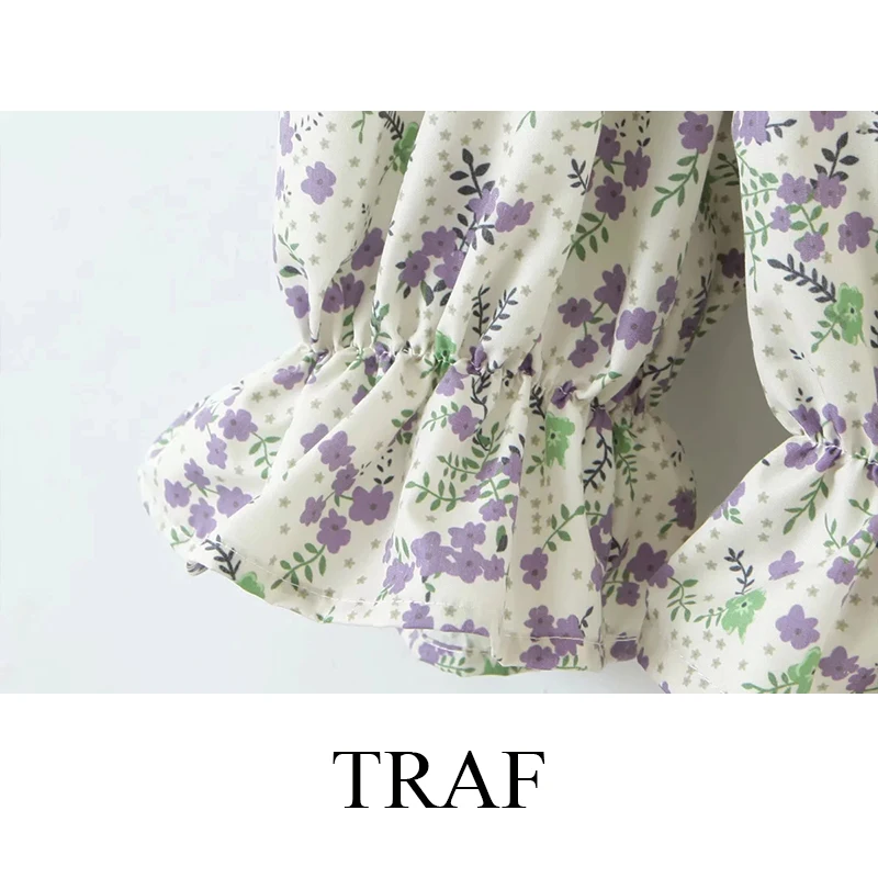 

TRAF Women's Clothing Blouses And Shirts Puff Sleeve Vintage Peter Pan Collar Floral Print Sweet Shirts Half-Sleeved Short Top