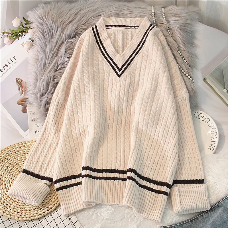 

EBAIHUI Sweater Women Twist V-neck Pullover Preppy Style Loose Jumper Knitted School JK Uniform Long Sleeve Top Sweet Knitwear