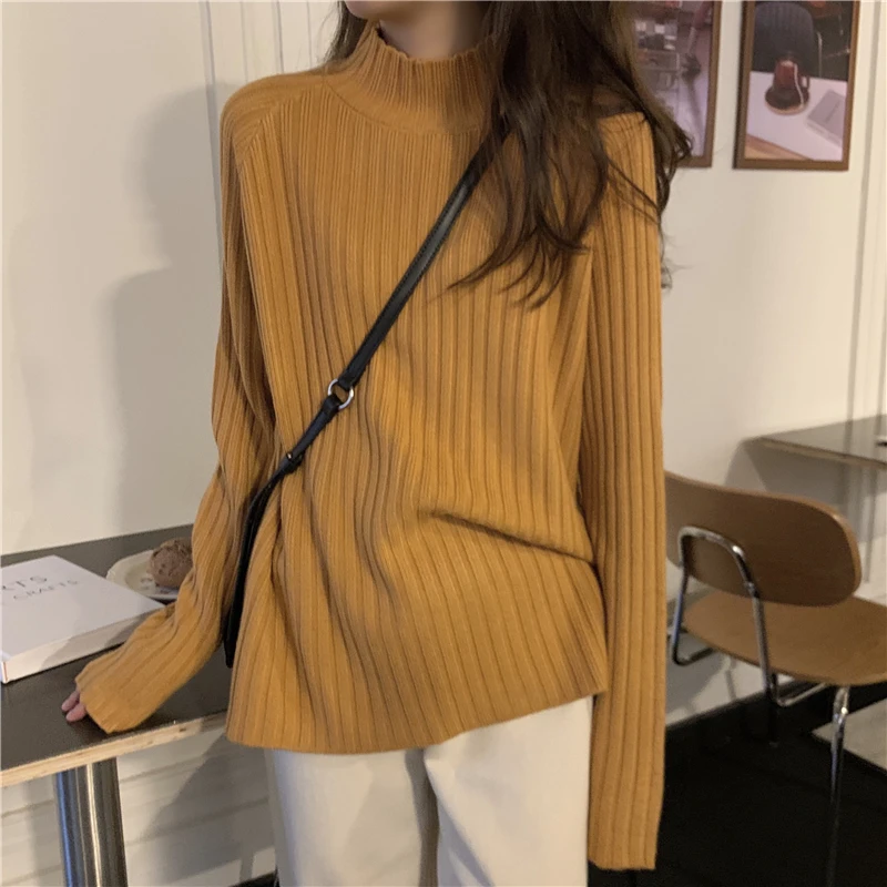 

Autumn Winter Fashion New Half Turtleneck Slim Sweater For Women Casual Full Sleeve Stretched Knitwear Female Knitting Tops
