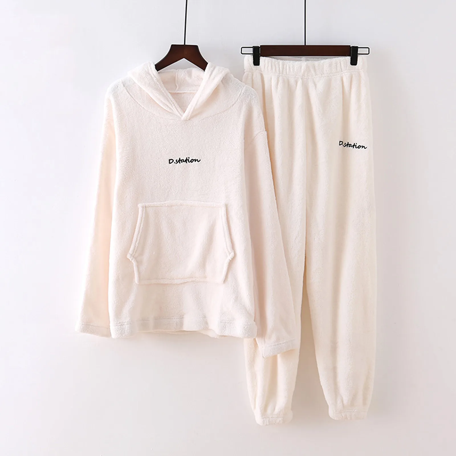 

2021 Hooded Flannel Men Women Pajama Pants 2 Pieces/Set Winter Thick Warm Sleepwear For Couples Casual Loose Home Costumes Set