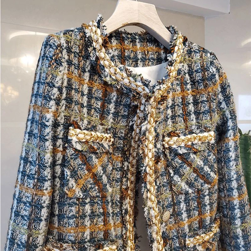 

Vintage Palid Tweed Jacket Women Design Buttons O-Neck Long Sleeve Autumn Winter Jacket Elegant Coat Bomber Harajuku 2020