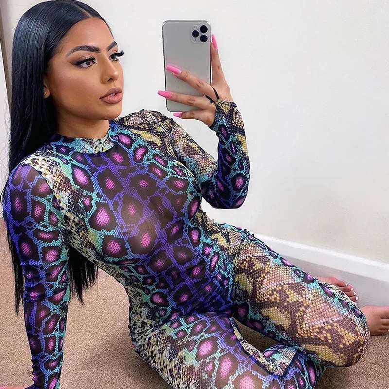 

2020 Sexy Women Jumpsuit Serpentine Print O-neck Long Sleeve Jumpsuit Autumn Backless Bodycon Jumpsuit Club Streetwear 2020