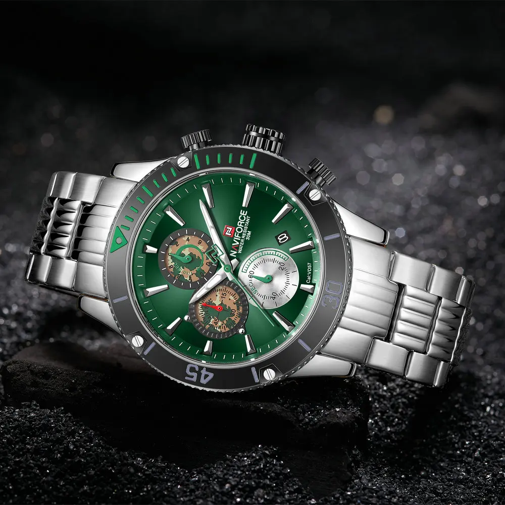 

2020 NEW Sports Watch Men Top Luxury NAVIFORCE Army Green Wristwatch Stainless Steel Strap Business Casual Male reloj Waterproof