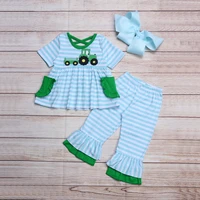 baby girls boutique clothes suit tractors short sleeve with green floral pocket blue stripe casual bell bottoms 2pcs outfits
