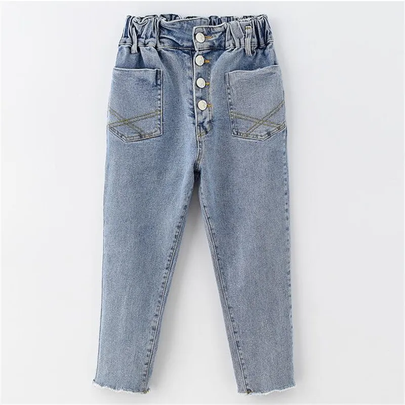 Джинсы для девочек-подростков синие брюки из денима на пуговицах с карманами
