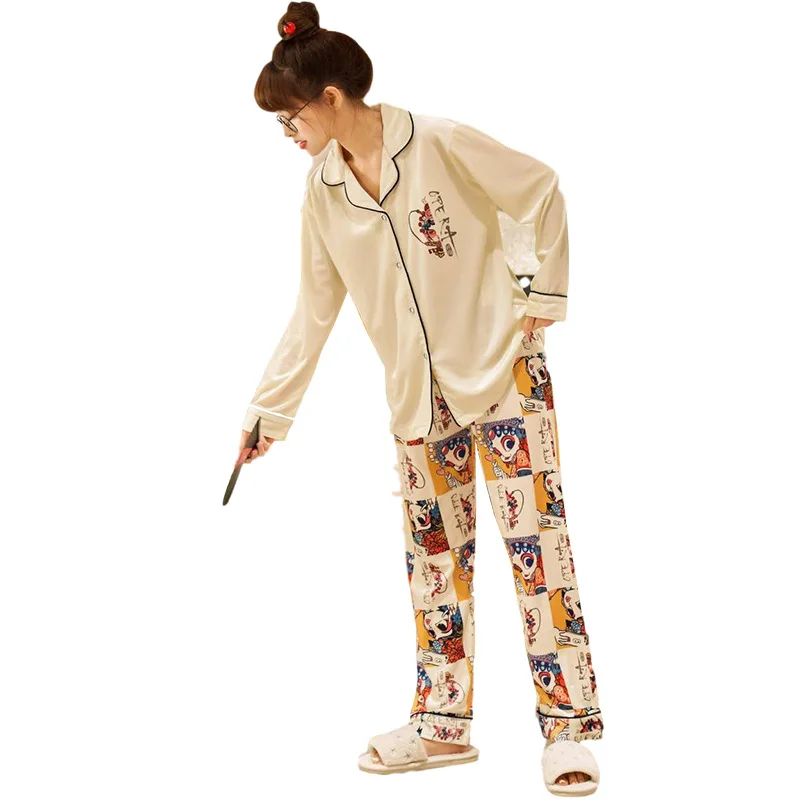 

Chinese Opera Style Print 2PC Pajamas Suit Female Vintage Velour Home Clothes Autumn Winter New Full Sleeve Shirt&Pant Sleepwear