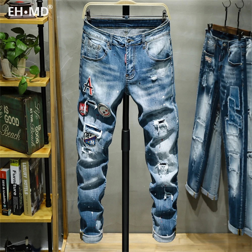 EH · MD® Paint Splashing Jeans Men's Hole Micro-chapter Embroidery Soft Cotton Elastic Leather Label Slim Pants Red Ears 2022