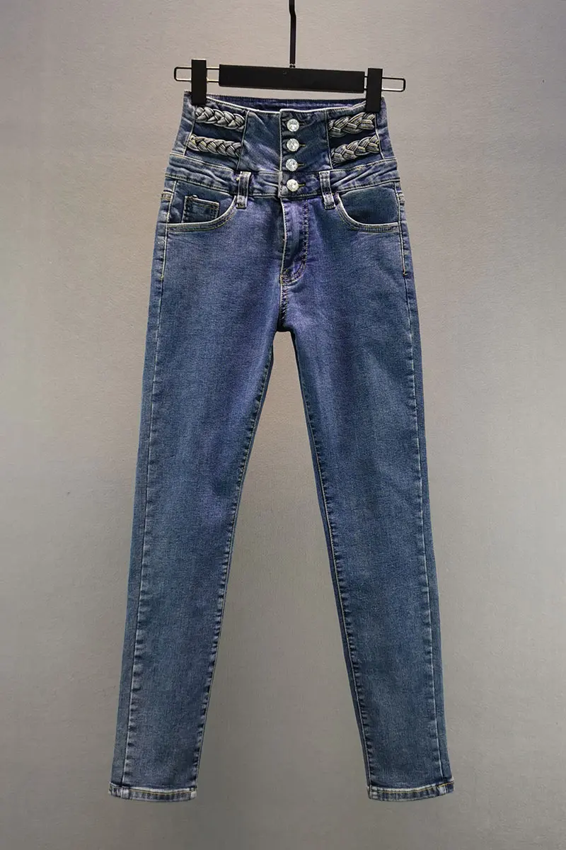 

Streetwear Diamond Single-Breasted Jeans for Women 2021 Spring Autumn New Ultra-High Waist Slim Skinny Pants Girls Blue Jeans