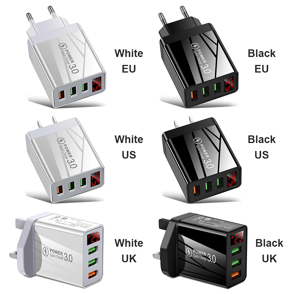 

Q7 EU US UK Plug3 USB Light Effect Quick Charge for iPhone Mobile Phone QC 3.0 Fast Digital Display Wall Chargers Power Adapter