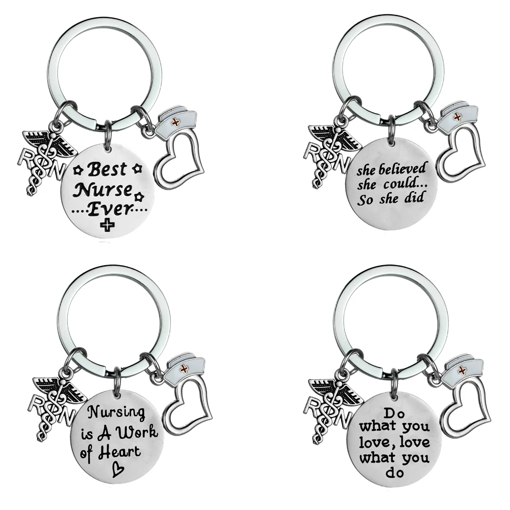 Nurse Keyrings Engraved Words RN Cap Pendant Charm Keychains Doctor Student Gifts Jewelry Stainless Steel Key Rings | Украшения и