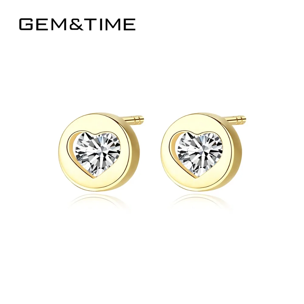 Gem& Time, круглое сердце, твердые, 14 к, золотые серьги-гвоздики для женщин, для свадьбы, помолвки, хорошее ювелирное изделие, желтое золото, Pendientes AU585 E14118